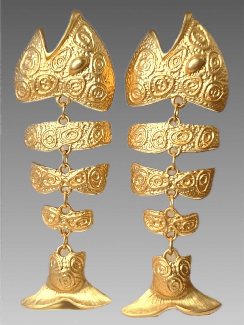 18k Matte Gold Plated Baroque Fish Dangle Earrings - Bold - Unique - Pierced